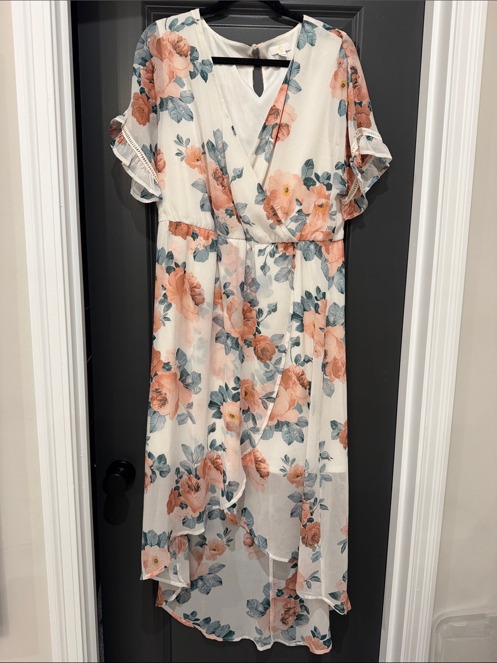 Charming Charlie Floral Wrap Midi Dress in Ivory and Peach